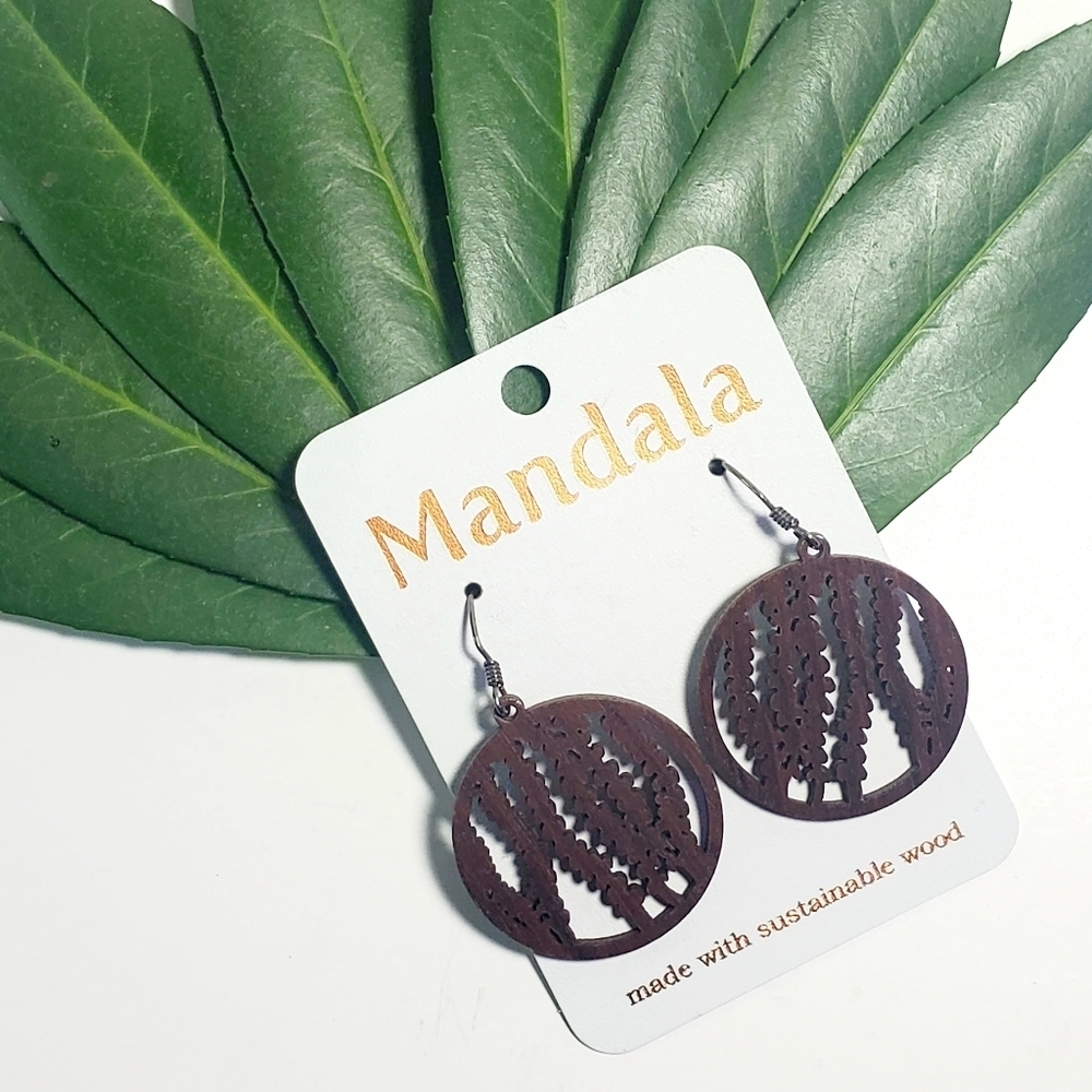 MANDALA Laser Cut Dark Wood Earrings Sterling Siver Botanical Boho Stlye 2" NWT